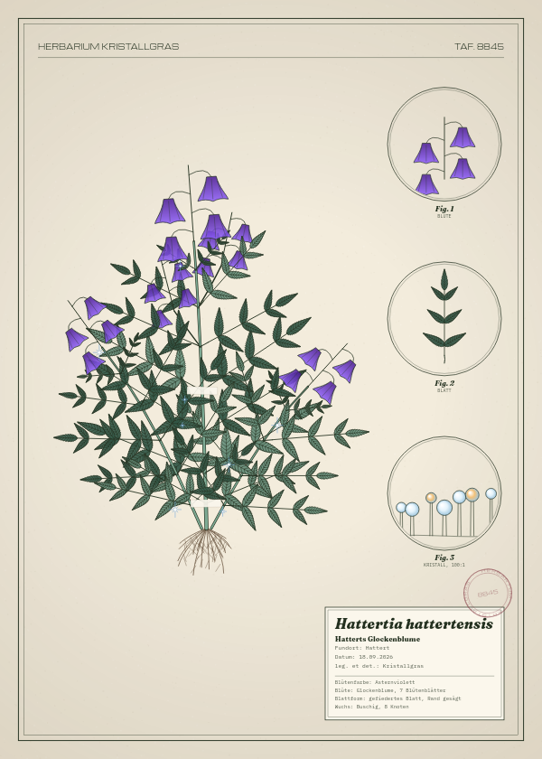 Botanische Tafel: Hattertia hattertensis, eine erfundene Pflanze aus Hattert, gezeichnet wie in einem alten Pflanzenatlas