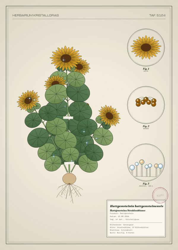 Botanische Tafel: Hattgensteinia hattgensteinensis, eine erfundene Pflanze aus Hattgenstein, gezeichnet wie in einem alten Pflanzenatlas