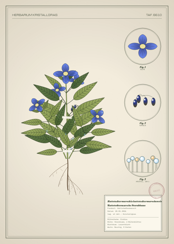 Botanische Tafel: Hattstedtermarschia hattstedtermarschensis, eine erfundene Pflanze aus Hattstedtermarsch, gezeichnet wie in einem alten Pflanzenatlas