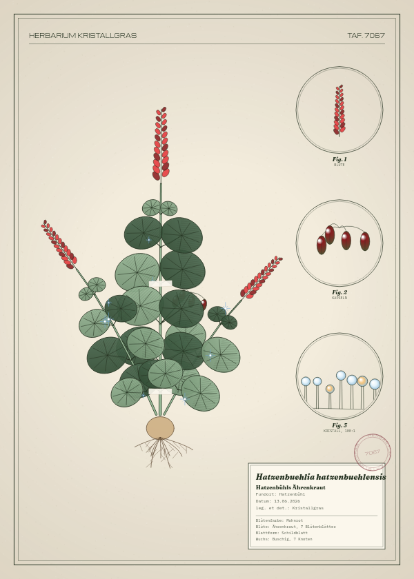Botanische Tafel: Hatzenbuehlia hatzenbuehlensis, eine erfundene Pflanze aus Hatzenbühl, gezeichnet wie in einem alten Pflanzenatlas