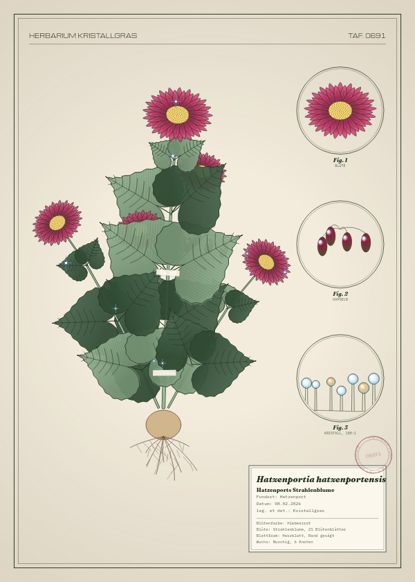 Botanische Tafel: Hatzenportia hatzenportensis, eine erfundene Pflanze aus Hatzenport, gezeichnet wie in einem alten Pflanzenatlas