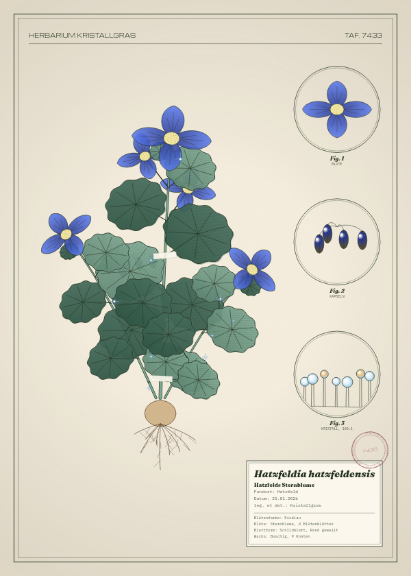 Botanische Tafel: Hatzfeldia hatzfeldensis, eine erfundene Pflanze aus Hatzfeld, gezeichnet wie in einem alten Pflanzenatlas