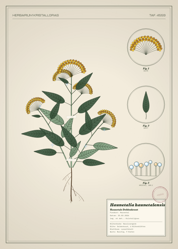 Botanische Tafel: Haunetalia haunetalensis, eine erfundene Pflanze aus Haunetal, gezeichnet wie in einem alten Pflanzenatlas