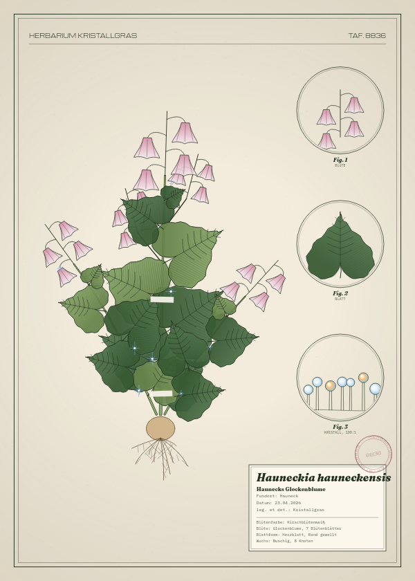 Botanische Tafel: Hauneckia hauneckensis, eine erfundene Pflanze aus Hauneck, gezeichnet wie in einem alten Pflanzenatlas