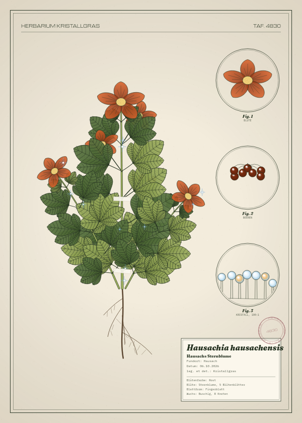 Botanische Tafel: Hausachia hausachensis, eine erfundene Pflanze aus Hausach, gezeichnet wie in einem alten Pflanzenatlas