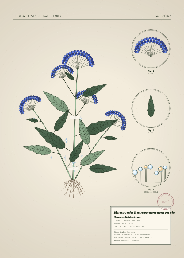 Botanische Tafel: Hausenia hausenamtannensis, eine erfundene Pflanze aus Hausen am Tann, gezeichnet wie in einem alten Pflanzenatlas