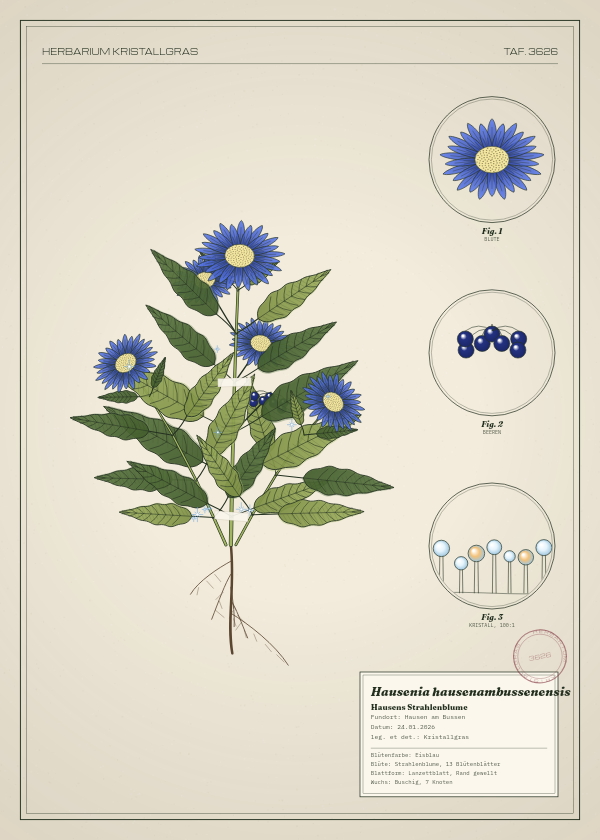 Botanische Tafel: Hausenia hausenambussenensis, eine erfundene Pflanze aus Hausen am Bussen, gezeichnet wie in einem alten Pflanzenatlas