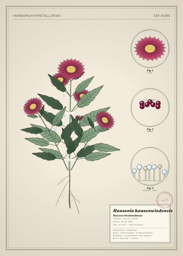 Botanische Tafel: Hausenia hausenwiedensis, eine erfundene Pflanze aus Hausen (Wied), gezeichnet wie in einem alten Pflanzenatlas