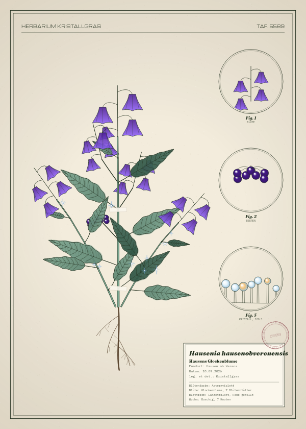 Botanische Tafel: Hausenia hausenobverenensis, eine erfundene Pflanze aus Hausen ob Verena, gezeichnet wie in einem alten Pflanzenatlas