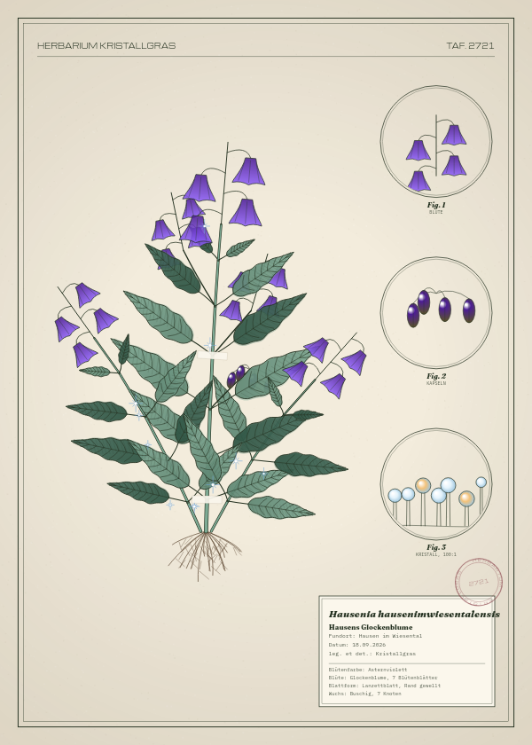 Botanische Tafel: Hausenia hausenimwiesentalensis, eine erfundene Pflanze aus Hausen im Wiesental, gezeichnet wie in einem alten Pflanzenatlas