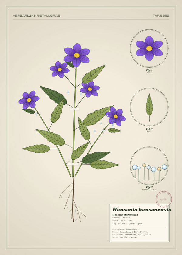 Botanische Tafel: Hausenia hausenensis, eine erfundene Pflanze aus Hausen, gezeichnet wie in einem alten Pflanzenatlas