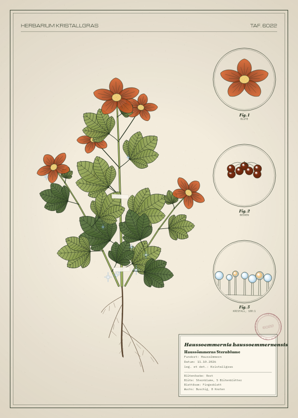 Botanische Tafel: Haussoemmernia haussoemmernensis, eine erfundene Pflanze aus Haussömmern, gezeichnet wie in einem alten Pflanzenatlas