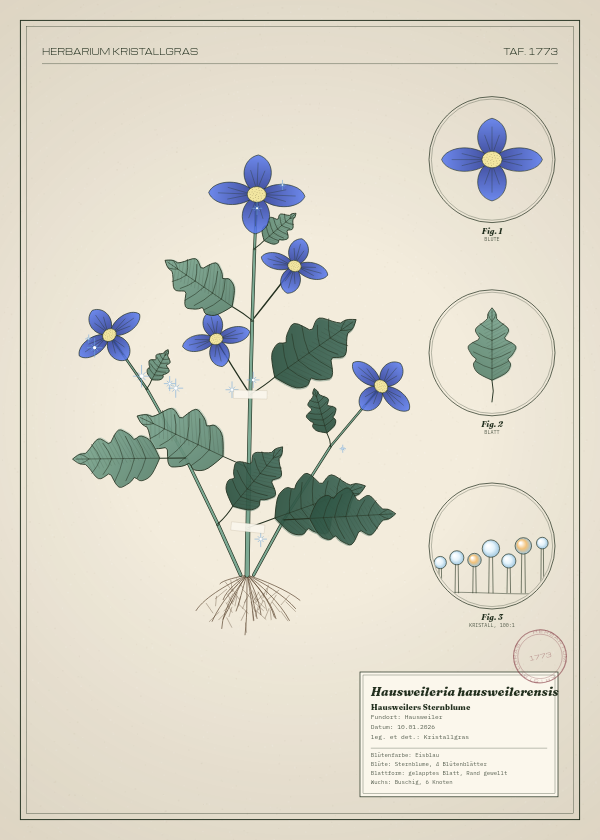 Botanische Tafel: Hausweileria hausweilerensis, eine erfundene Pflanze aus Hausweiler, gezeichnet wie in einem alten Pflanzenatlas