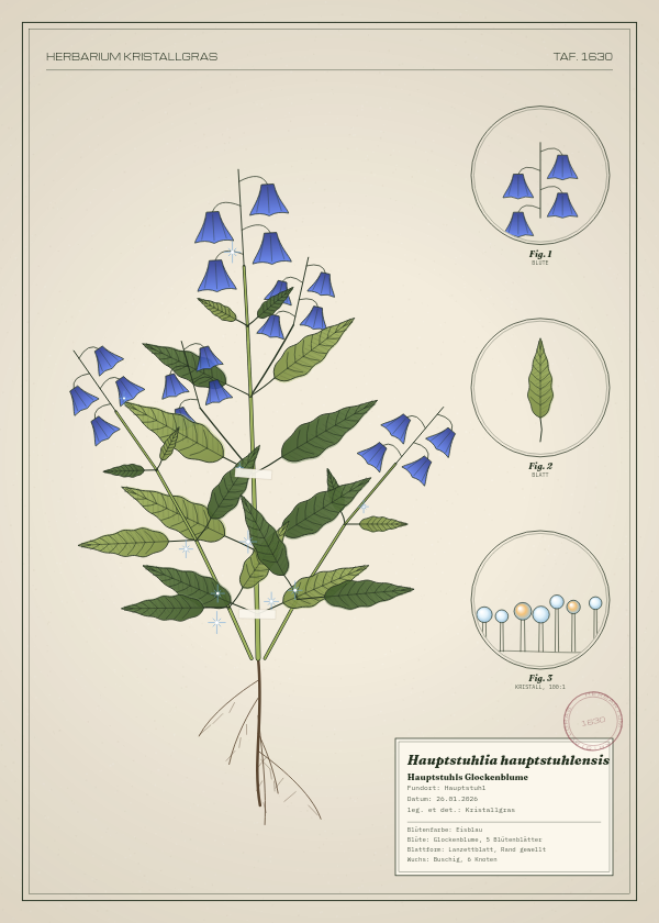 Botanische Tafel: Hauptstuhlia hauptstuhlensis, eine erfundene Pflanze aus Hauptstuhl, gezeichnet wie in einem alten Pflanzenatlas