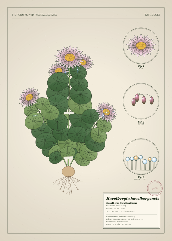 Botanische Tafel: Havelbergia havelbergensis, eine erfundene Pflanze aus Havelberg, gezeichnet wie in einem alten Pflanzenatlas