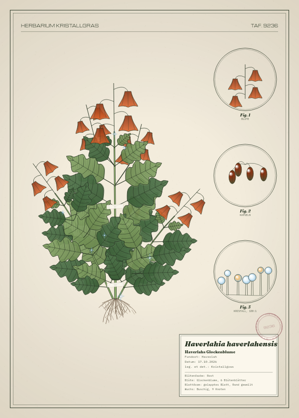 Botanische Tafel: Haverlahia haverlahensis, eine erfundene Pflanze aus Haverlah, gezeichnet wie in einem alten Pflanzenatlas