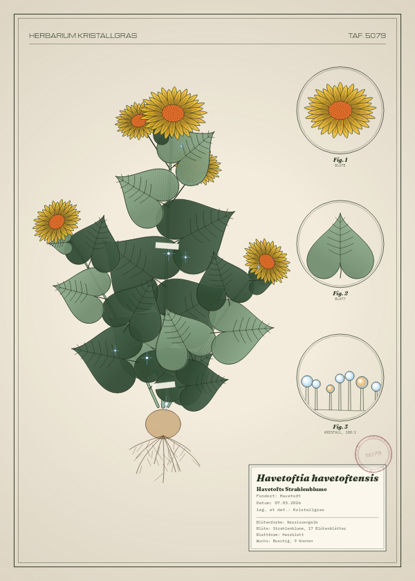 Botanische Tafel: Havetoftia havetoftensis, eine erfundene Pflanze aus Havetoft, gezeichnet wie in einem alten Pflanzenatlas