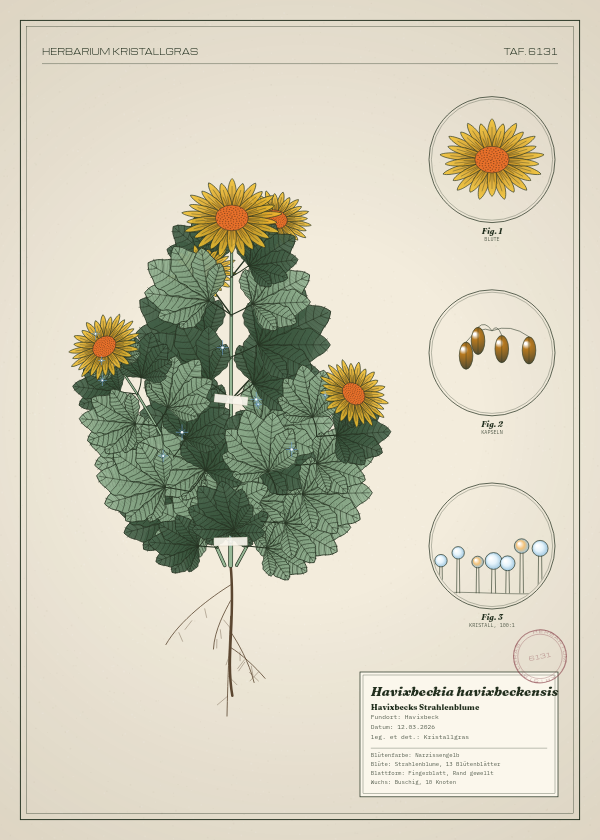 Botanische Tafel: Havixbeckia havixbeckensis, eine erfundene Pflanze aus Havixbeck, gezeichnet wie in einem alten Pflanzenatlas