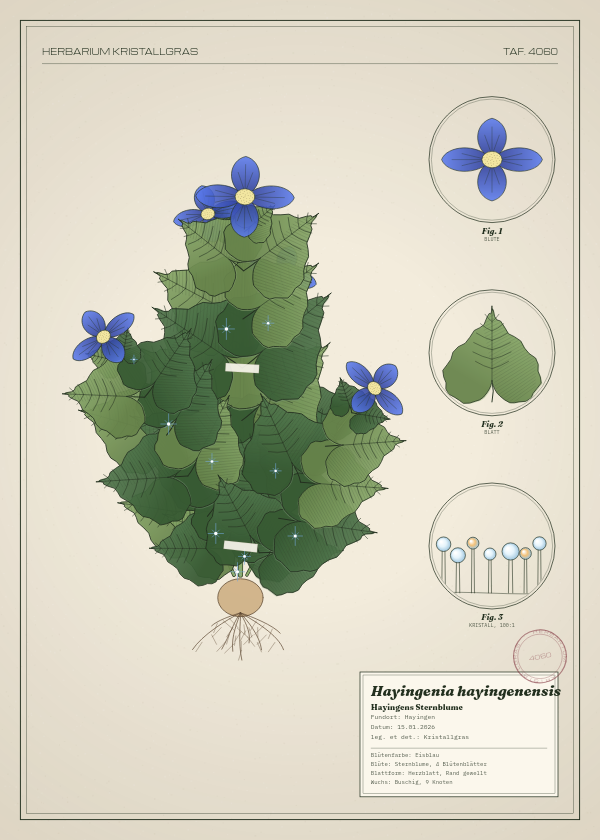 Botanische Tafel: Hayingenia hayingenensis, eine erfundene Pflanze aus Hayingen, gezeichnet wie in einem alten Pflanzenatlas