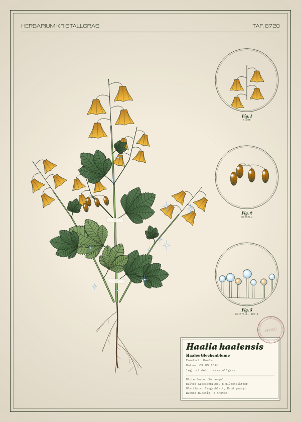 Botanische Tafel: Haalia haalensis, eine erfundene Pflanze aus Haale, gezeichnet wie in einem alten Pflanzenatlas