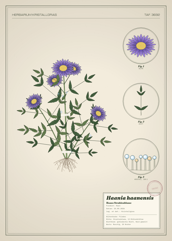 Botanische Tafel: Haania haanensis, eine erfundene Pflanze aus Haan, gezeichnet wie in einem alten Pflanzenatlas