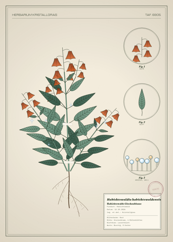 Botanische Tafel: Habichtswaldia habichtswaldensis, eine erfundene Pflanze aus Habichtswald, gezeichnet wie in einem alten Pflanzenatlas