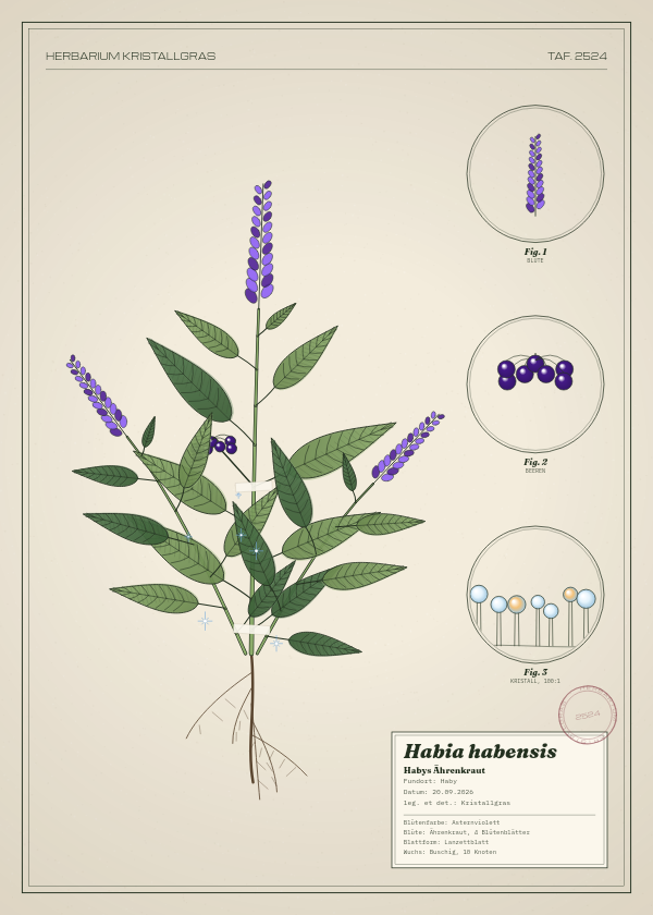 Botanische Tafel: Habia habensis, eine erfundene Pflanze aus Haby, gezeichnet wie in einem alten Pflanzenatlas