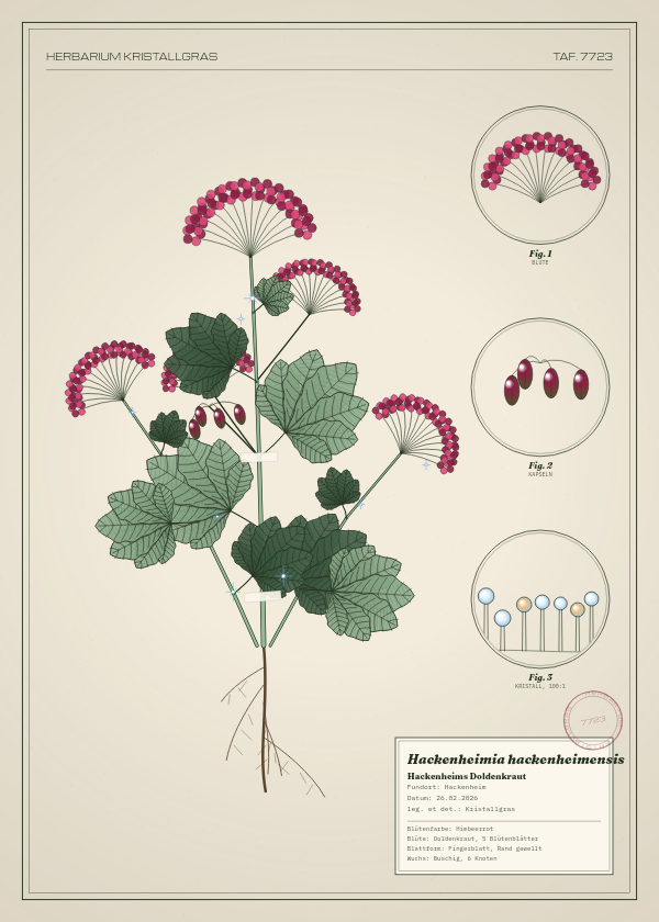 Botanische Tafel: Hackenheimia hackenheimensis, eine erfundene Pflanze aus Hackenheim, gezeichnet wie in einem alten Pflanzenatlas