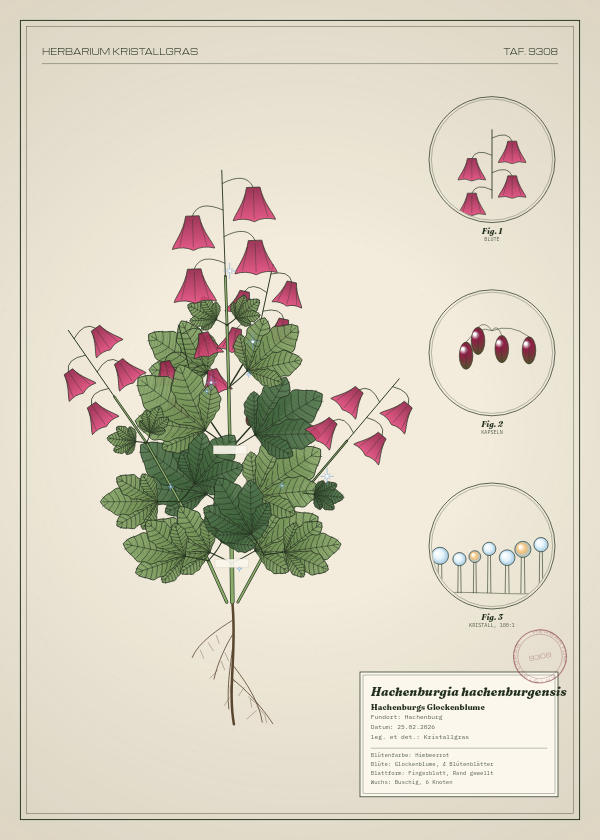 Botanische Tafel: Hachenburgia hachenburgensis, eine erfundene Pflanze aus Hachenburg, gezeichnet wie in einem alten Pflanzenatlas