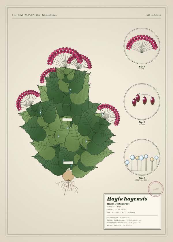Botanische Tafel: Hagia hagensis, eine erfundene Pflanze aus Hage, gezeichnet wie in einem alten Pflanzenatlas