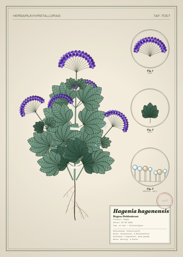 Botanische Tafel: Hagenia hagenensis, eine erfundene Pflanze aus Hagen, gezeichnet wie in einem alten Pflanzenatlas