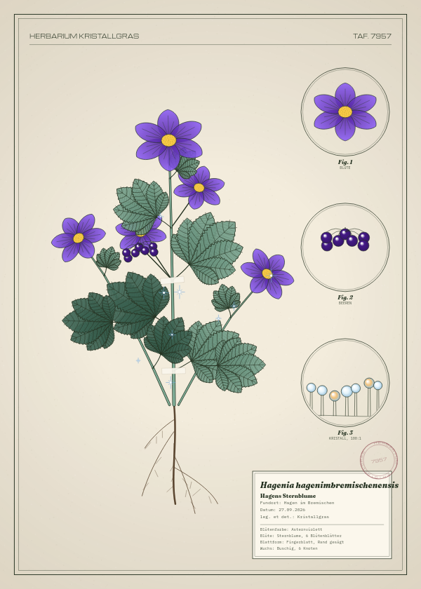 Botanische Tafel: Hagenia hagenimbremischenensis, eine erfundene Pflanze aus Hagen im Bremischen, gezeichnet wie in einem alten Pflanzenatlas