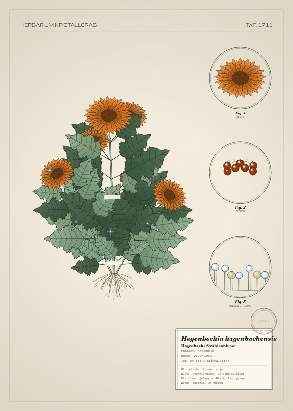 Botanische Tafel: Hagenbachia hagenbachensis, eine erfundene Pflanze aus Hagenbach, gezeichnet wie in einem alten Pflanzenatlas