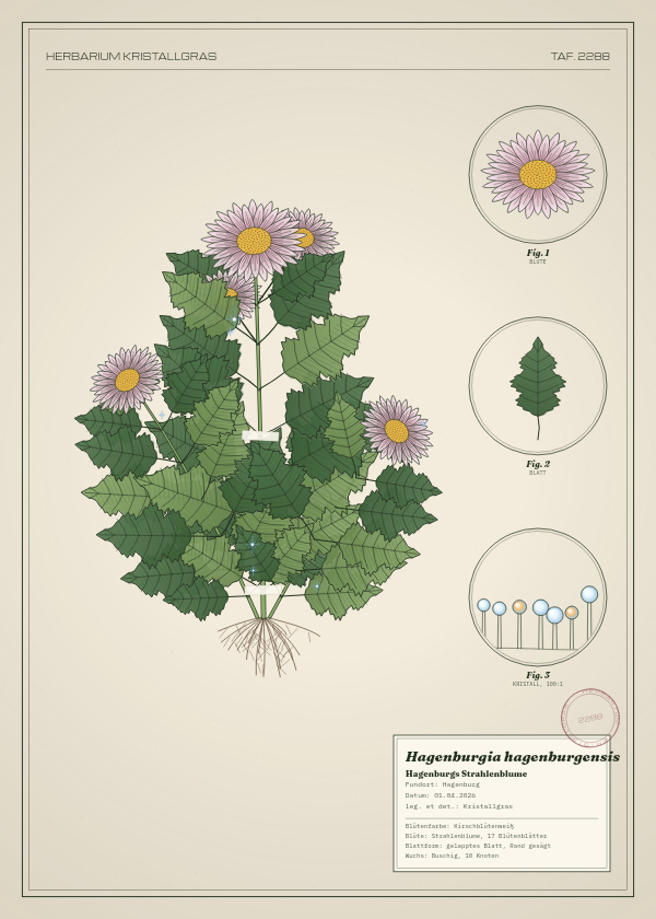 Botanische Tafel: Hagenburgia hagenburgensis, eine erfundene Pflanze aus Hagenburg, gezeichnet wie in einem alten Pflanzenatlas