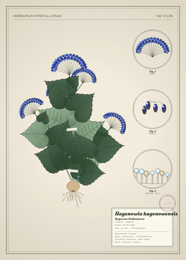 Botanische Tafel: Hagenowia hagenowensis, eine erfundene Pflanze aus Hagenow, gezeichnet wie in einem alten Pflanzenatlas