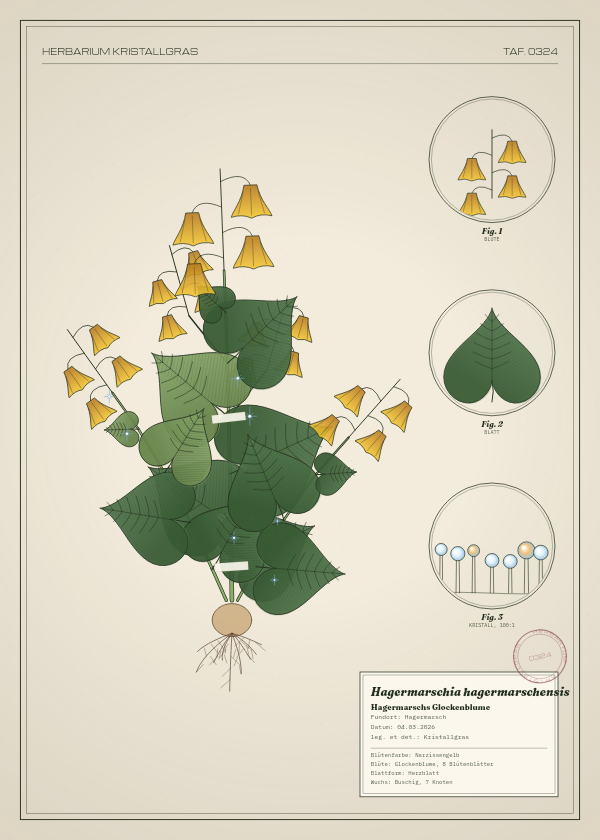 Botanische Tafel: Hagermarschia hagermarschensis, eine erfundene Pflanze aus Hagermarsch, gezeichnet wie in einem alten Pflanzenatlas