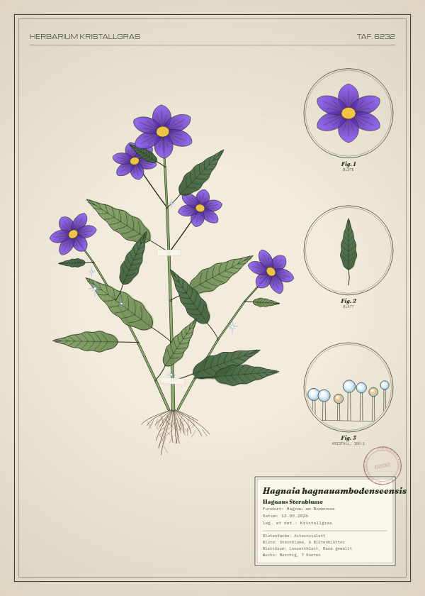 Botanische Tafel: Hagnaia hagnauambodenseensis, eine erfundene Pflanze aus Hagnau am Bodensee, gezeichnet wie in einem alten Pflanzenatlas