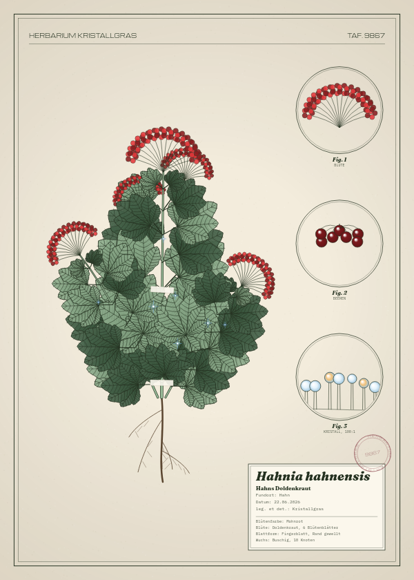 Botanische Tafel: Hahnia hahnensis, eine erfundene Pflanze aus Hahn, gezeichnet wie in einem alten Pflanzenatlas