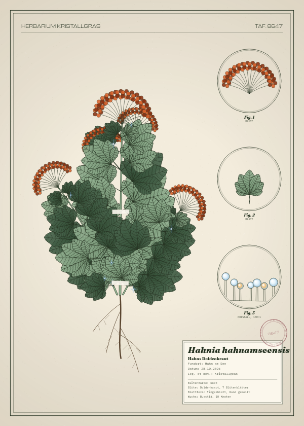 Botanische Tafel: Hahnia hahnamseensis, eine erfundene Pflanze aus Hahn am See, gezeichnet wie in einem alten Pflanzenatlas