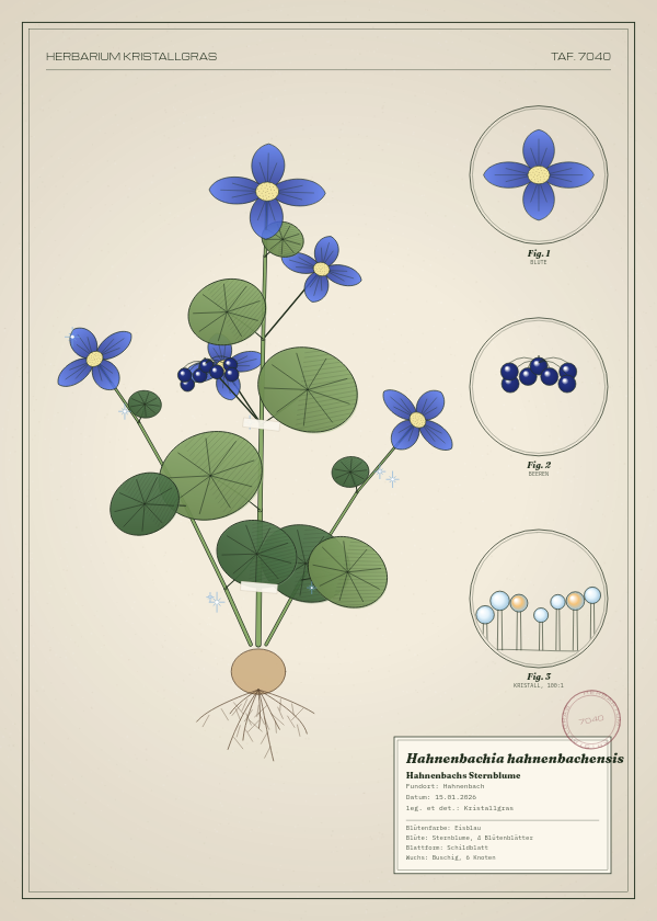 Botanische Tafel: Hahnenbachia hahnenbachensis, eine erfundene Pflanze aus Hahnenbach, gezeichnet wie in einem alten Pflanzenatlas