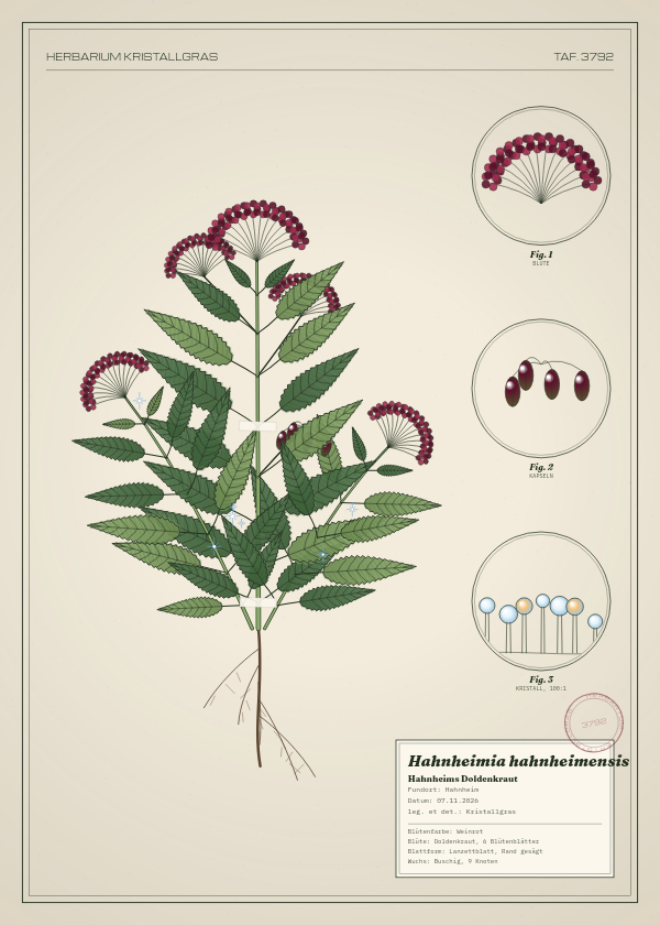 Botanische Tafel: Hahnheimia hahnheimensis, eine erfundene Pflanze aus Hahnheim, gezeichnet wie in einem alten Pflanzenatlas