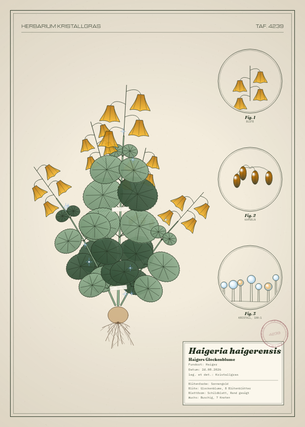 Botanische Tafel: Haigeria haigerensis, eine erfundene Pflanze aus Haiger, gezeichnet wie in einem alten Pflanzenatlas