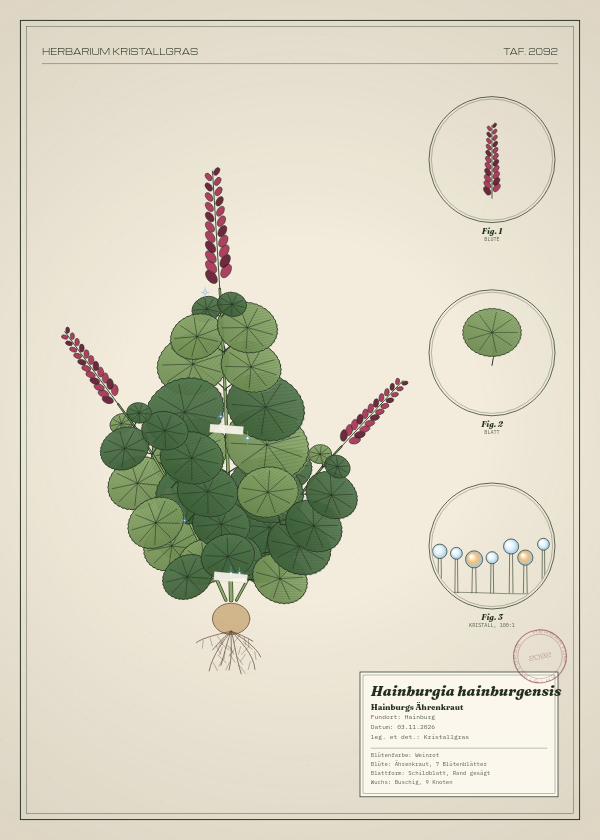 Botanische Tafel: Hainburgia hainburgensis, eine erfundene Pflanze aus Hainburg, gezeichnet wie in einem alten Pflanzenatlas