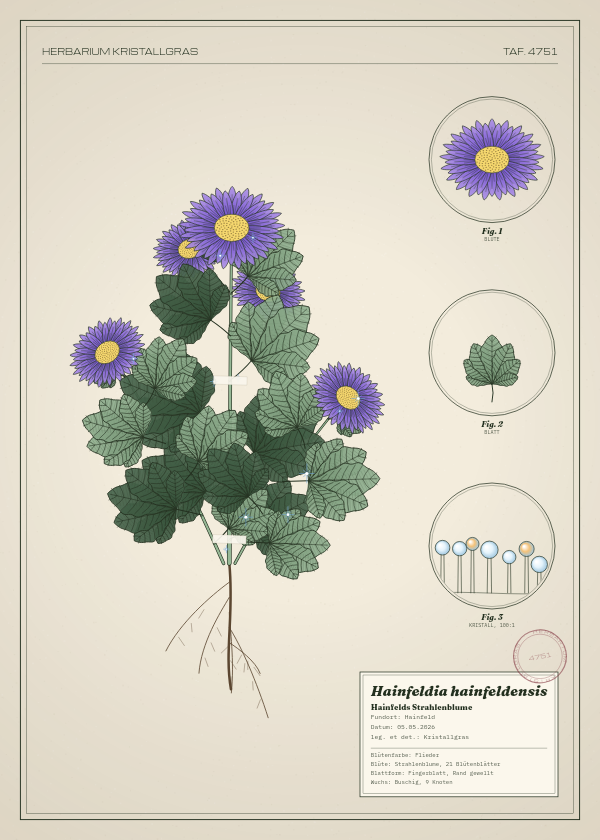Botanische Tafel: Hainfeldia hainfeldensis, eine erfundene Pflanze aus Hainfeld, gezeichnet wie in einem alten Pflanzenatlas
