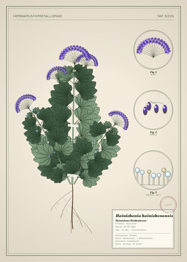 Botanische Tafel: Hainichenia hainichenensis, eine erfundene Pflanze aus Hainichen, gezeichnet wie in einem alten Pflanzenatlas
