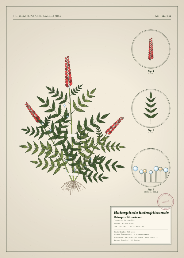 Botanische Tafel: Hainspitzia hainspitzensis, eine erfundene Pflanze aus Hainspitz, gezeichnet wie in einem alten Pflanzenatlas