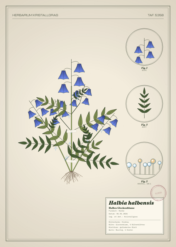 Botanische Tafel: Halbia halbensis, eine erfundene Pflanze aus Halbe, gezeichnet wie in einem alten Pflanzenatlas