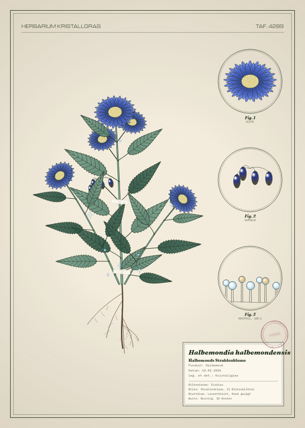 Botanische Tafel: Halbemondia halbemondensis, eine erfundene Pflanze aus Halbemond, gezeichnet wie in einem alten Pflanzenatlas