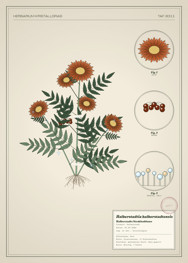 Botanische Tafel: Halberstadtia halberstadtensis, eine erfundene Pflanze aus Halberstadt, gezeichnet wie in einem alten Pflanzenatlas