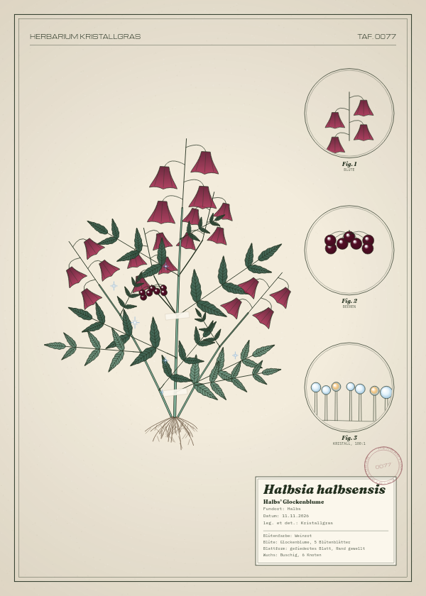 Botanische Tafel: Halbsia halbsensis, eine erfundene Pflanze aus Halbs, gezeichnet wie in einem alten Pflanzenatlas